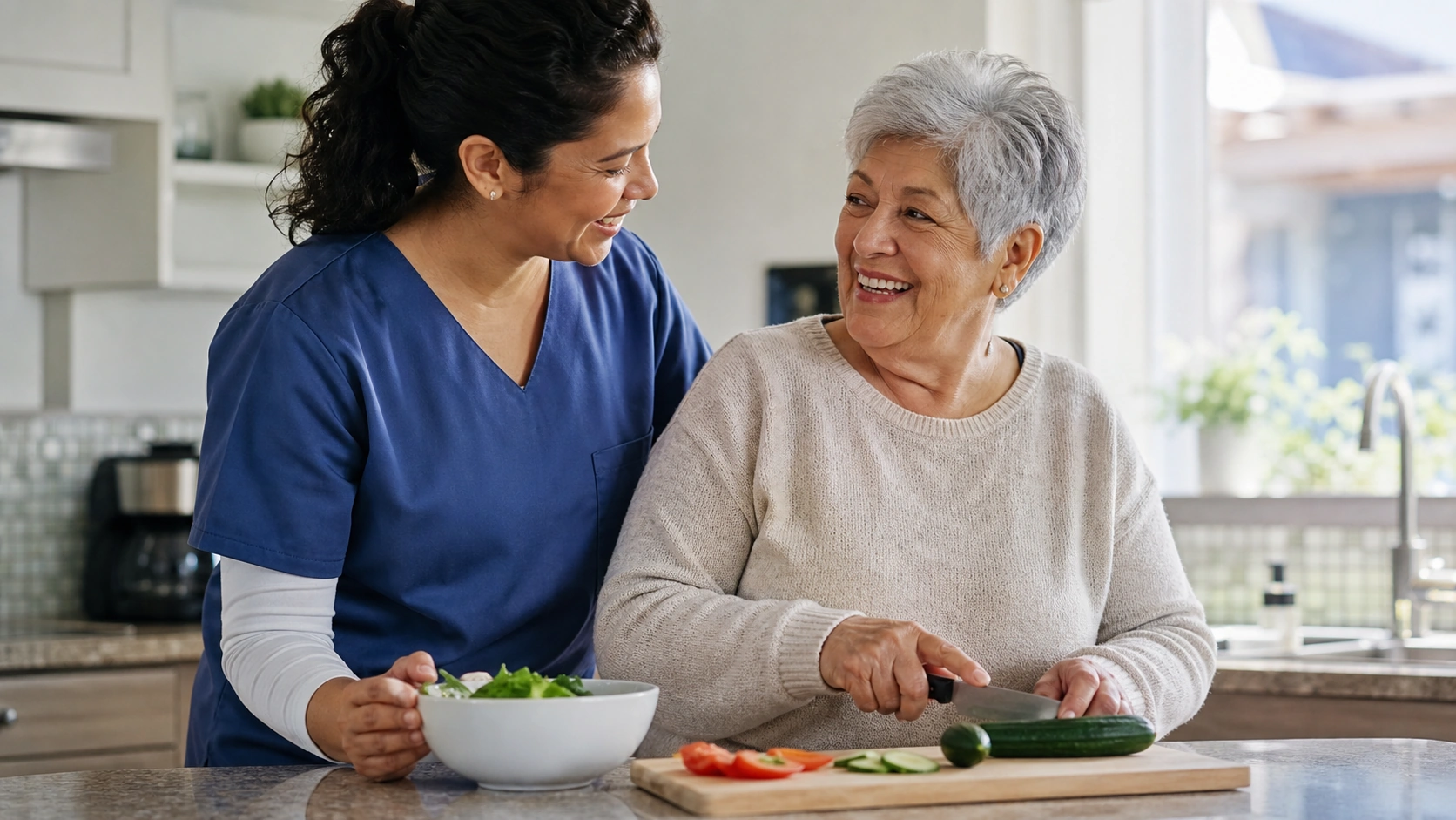 Home-care professional helping an older woman prepare a meal.