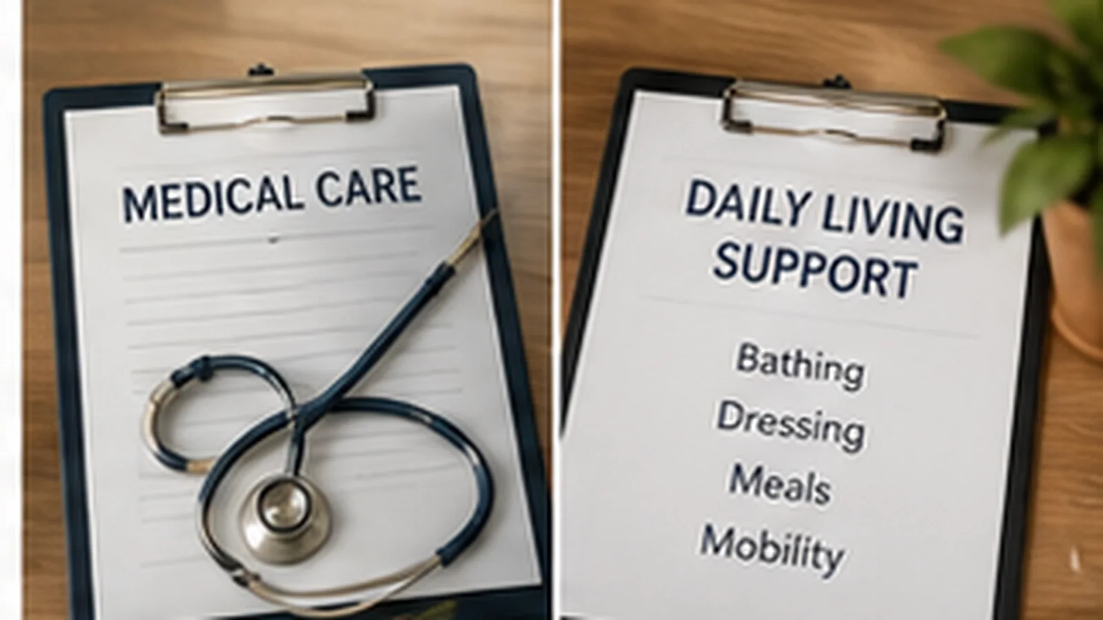 Medical care contrasted with support for daily living at home.