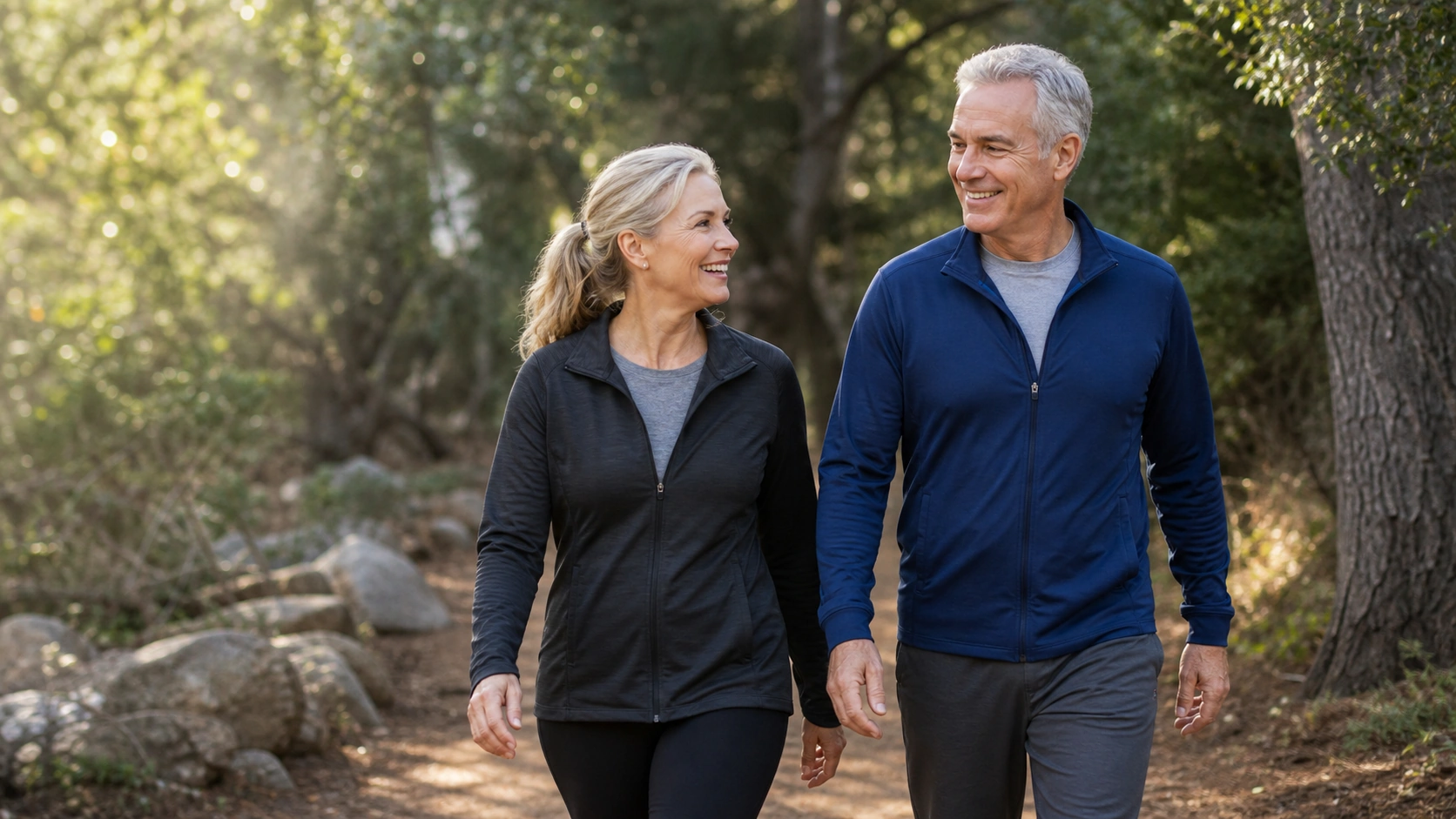 Couple walking together on a wooded trail while planning ahead for long-term care.