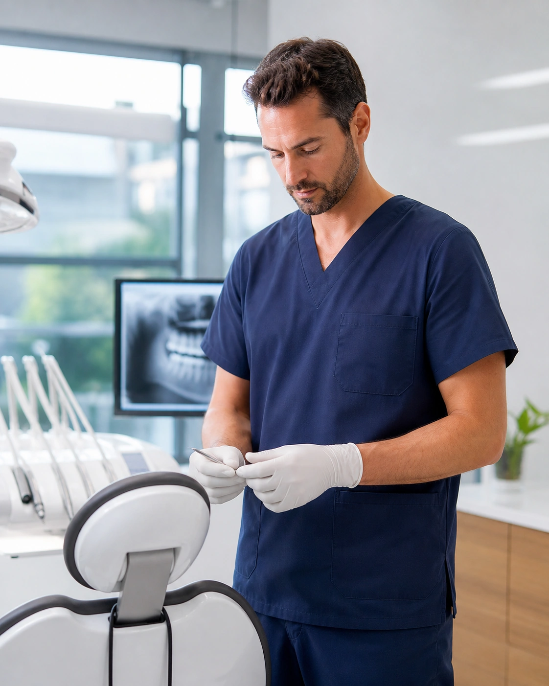 Dentist preparing for patient care in a modern dental office.