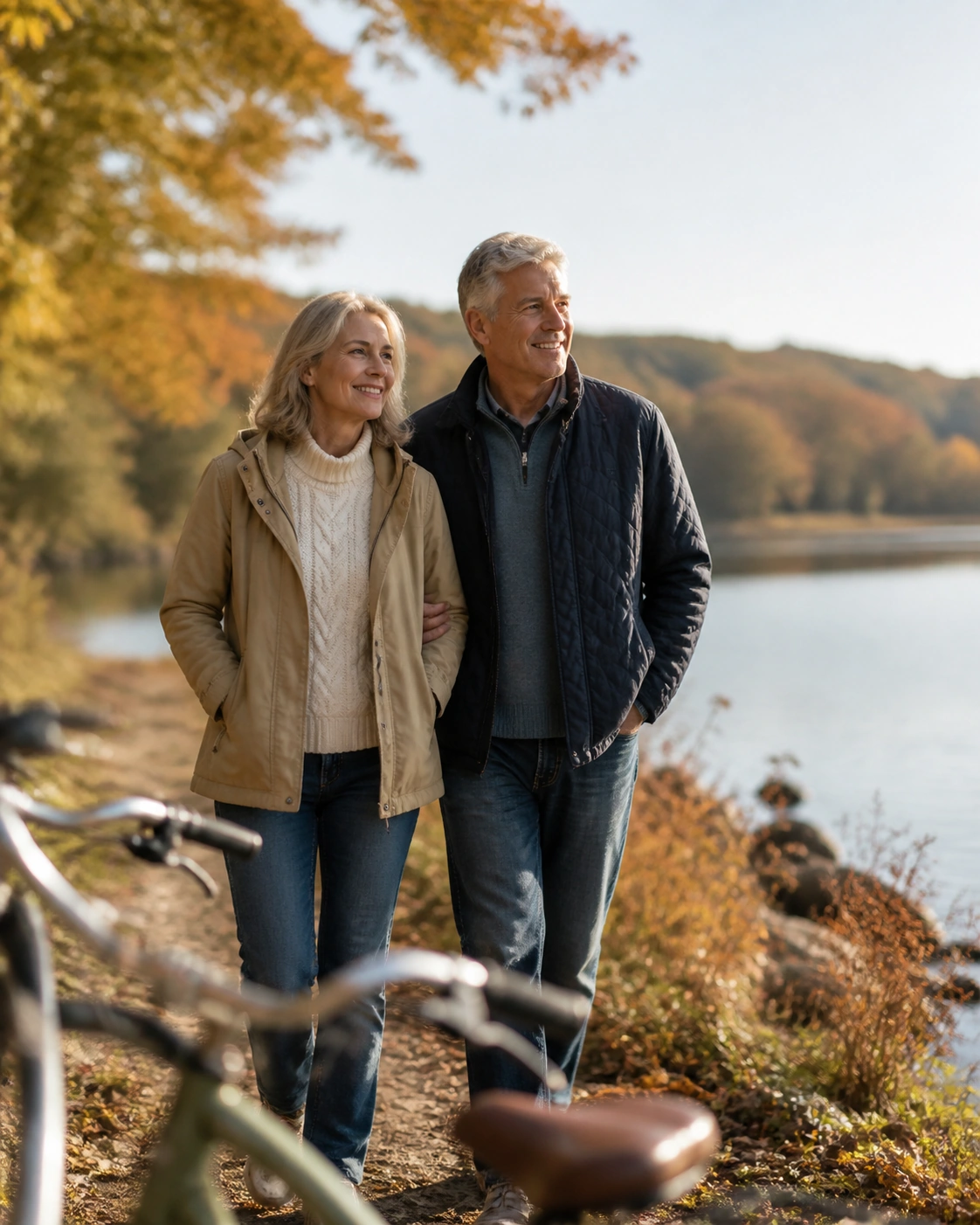 Couple walking beside a lake with bicycles on an autumn morning.