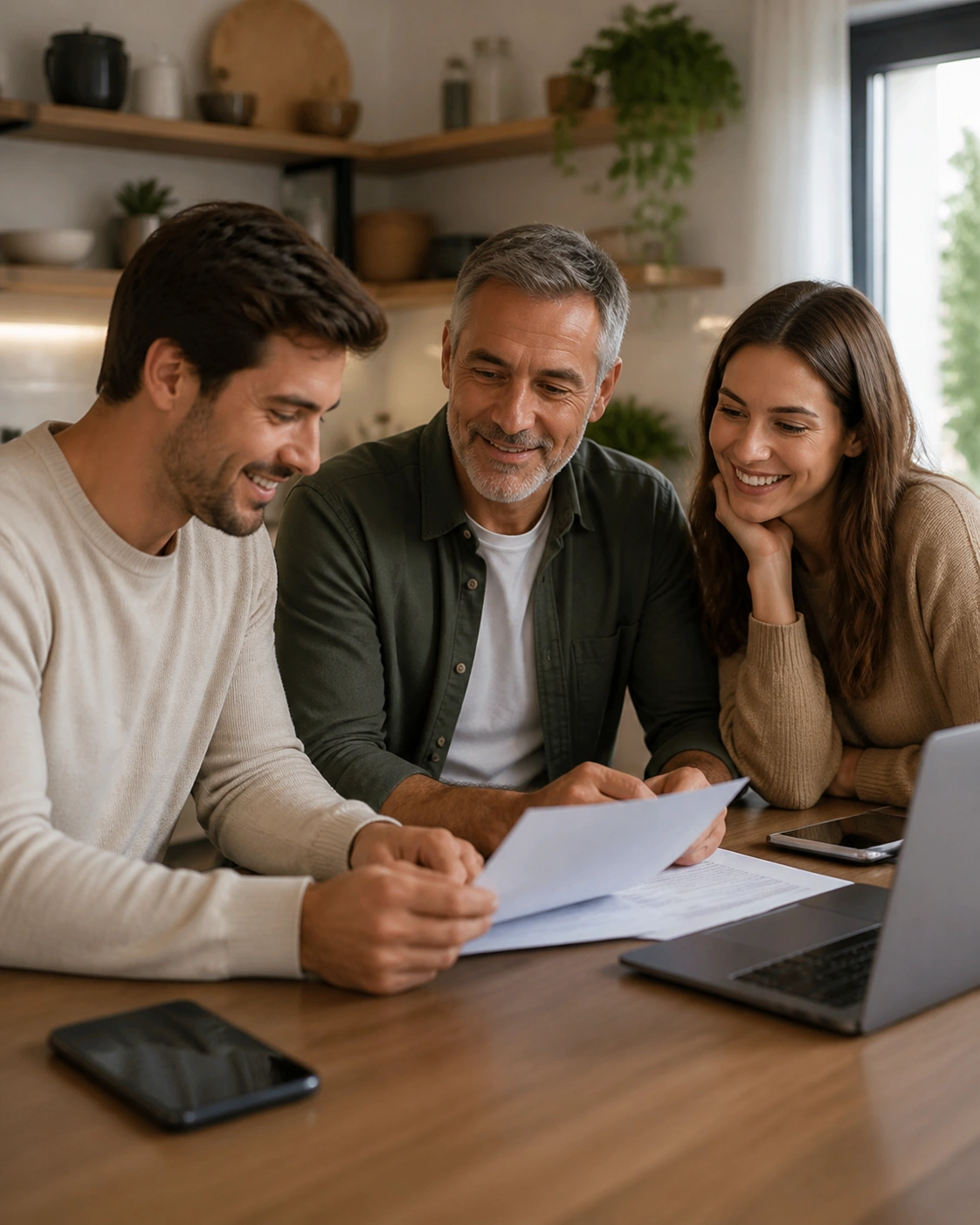 Father sharing a warm moment with his adult children at home.