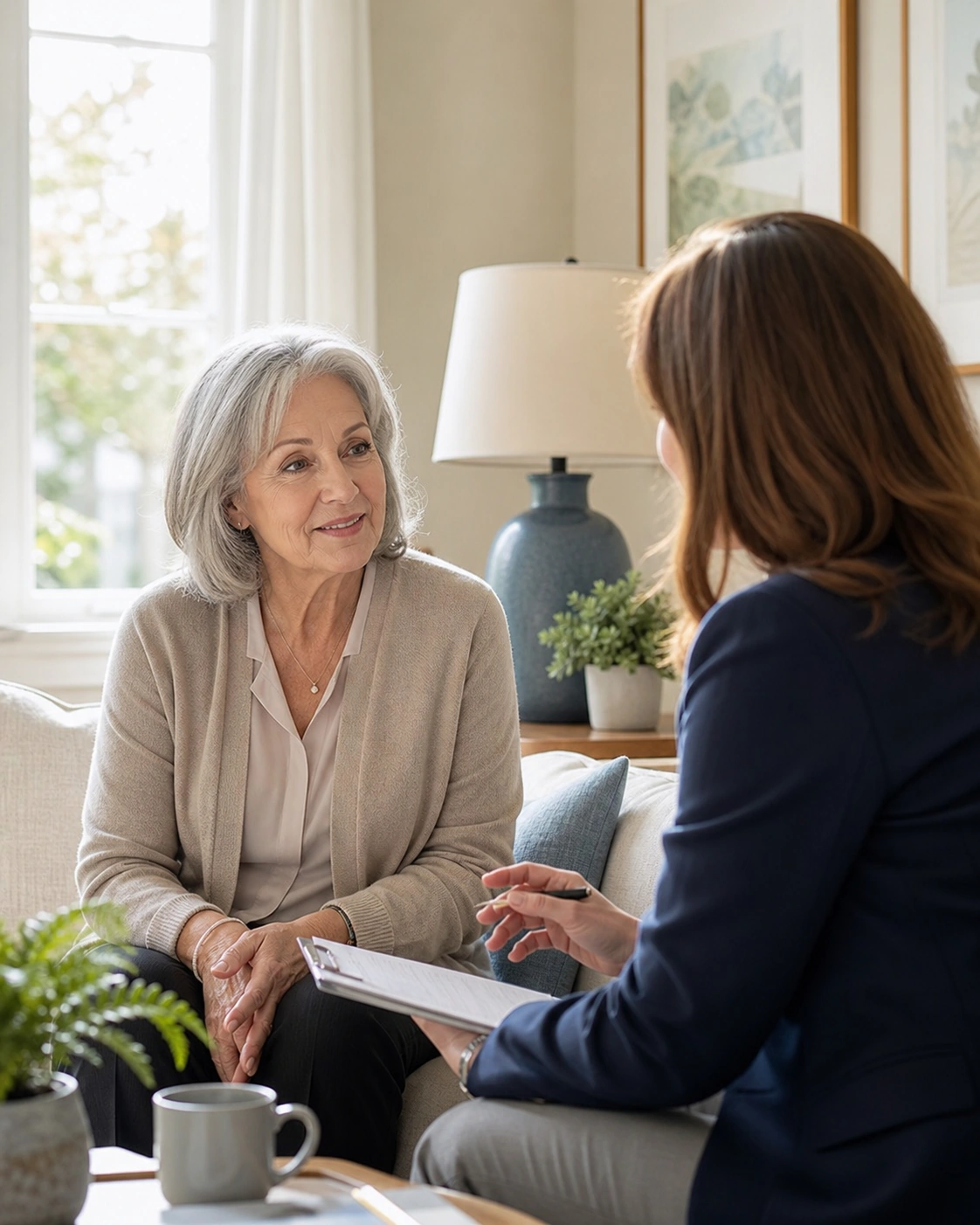Older woman discussing home support with a care professional.