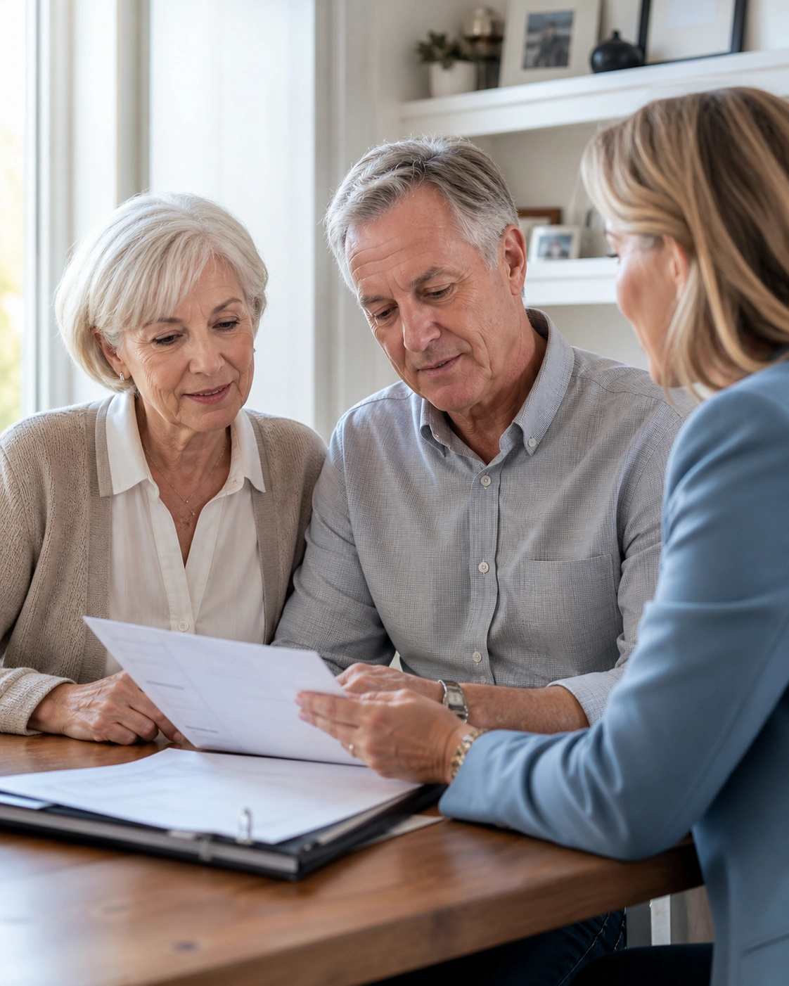 Older couple reviewing healthcare and prescription information with an advisor.